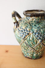 Majolica Grape & Leaf Patterned Handled Pottery Vase