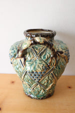 Majolica Grape & Leaf Patterned Handled Pottery Vase