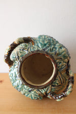 Majolica Grape & Leaf Patterned Handled Pottery Vase