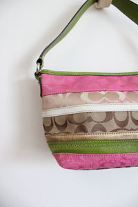 Coach Pink & Green Striped Canvas Shoulder Bag