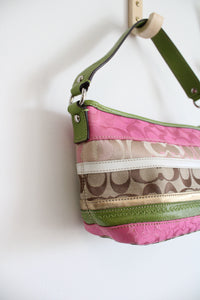 Coach Pink & Green Striped Canvas Shoulder Bag