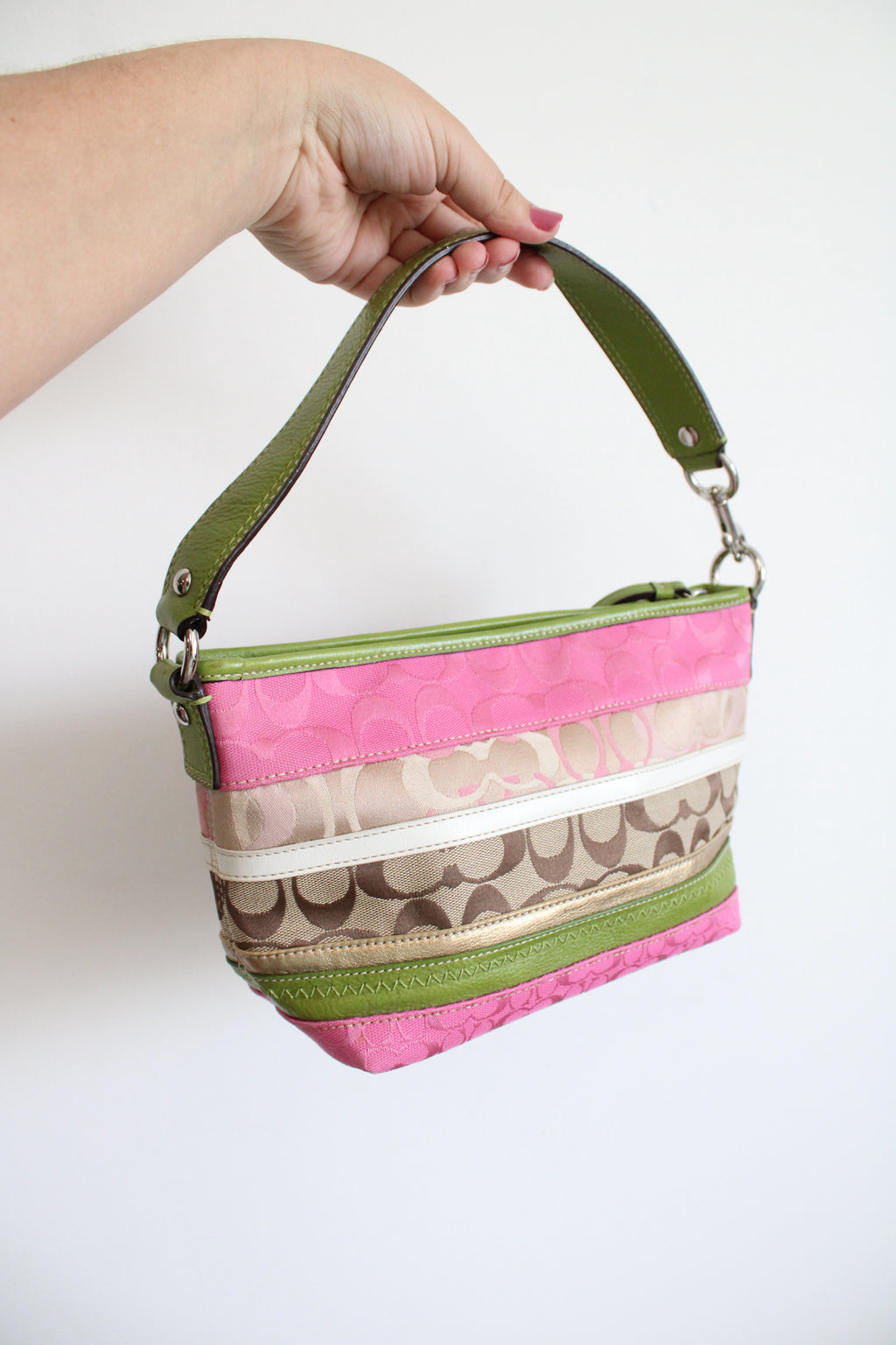 Coach Pink & Green Striped Canvas Shoulder Bag