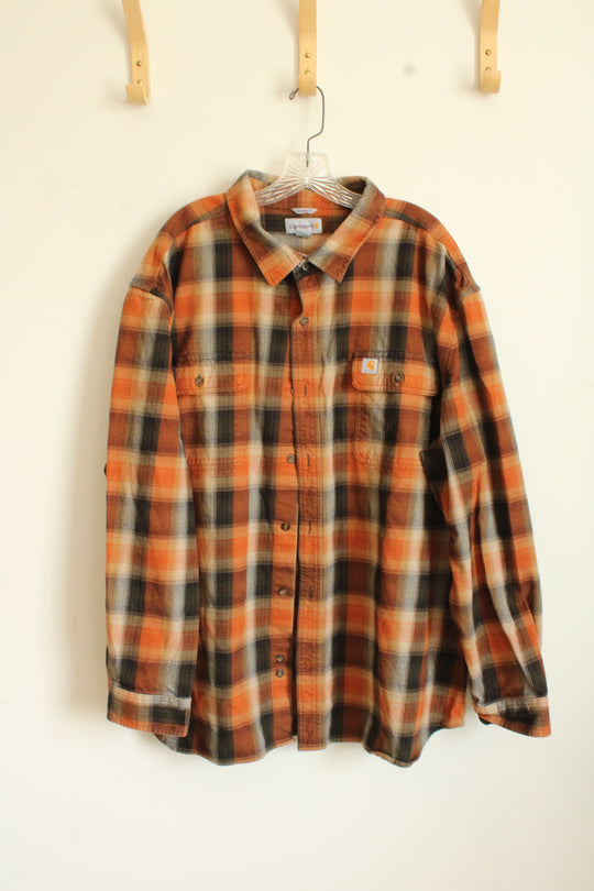 Carhartt orange tan and green plaid button down flannel shirt | 3XL