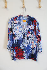 Ruby Rd. Blue Red & White Floral Button Down Top | L Petite