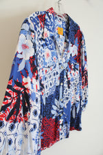 Ruby Rd. Blue Red & White Floral Button Down Top | L Petite