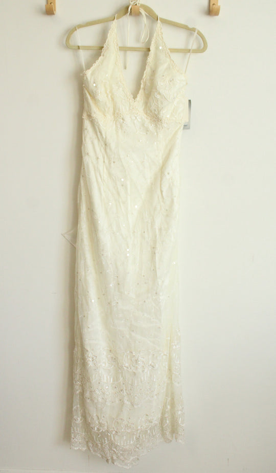 NEW Jessica McClintock Vintage Ivory Bridal Halter Neck Beaded Dress | 10