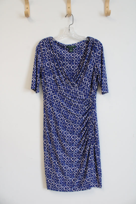 Ralph Lauren Blue & Tan Square Patterned Ruched Dress | 8