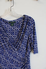 Ralph Lauren Blue & Tan Square Patterned Ruched Dress | 8
