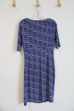 Ralph Lauren Blue & Tan Square Patterned Ruched Dress | 8