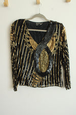 Royal Feelings Black Silk Beaded Long Sleeved Vintage Top | S