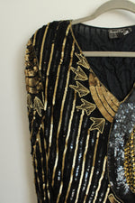 Royal Feelings Black Silk Beaded Long Sleeved Vintage Top | S