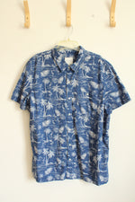 American Eagle Blue and White Leaf and Flamingo Short Sleeve Button-Down Shirt | XXL