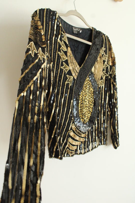 Royal Feelings Black Silk Beaded Long Sleeved Vintage Top | S