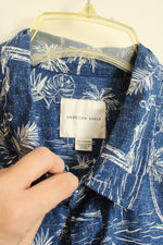 American Eagle Blue and White Leaf and Flamingo Short Sleeve Button-Down Shirt | XXL