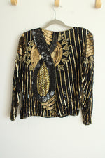 Royal Feelings Black Silk Beaded Long Sleeved Vintage Top | S