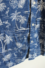 American Eagle Blue and White Leaf and Flamingo Short Sleeve Button-Down Shirt | XXL