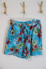 Ruby Rd. Blue Tropical Pattern Belted Shorts | L