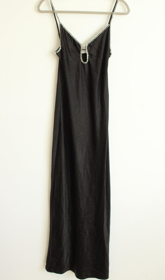 NEW Rumored Black Satin Maxi Beaded Keyhole Cutout Slip Dress | M