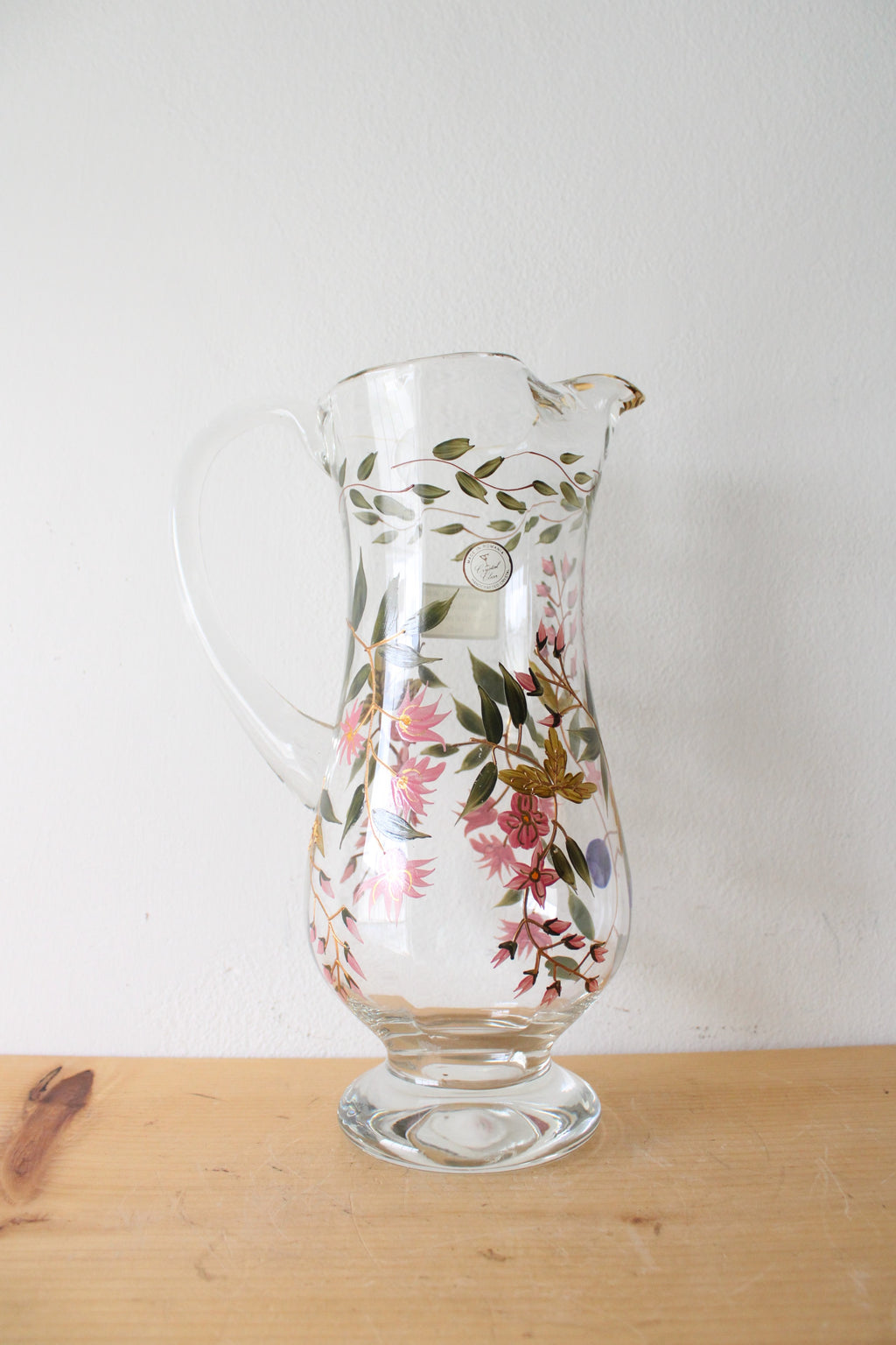Romanian Handcrafted Crystal Clear Floral Tall Glass Pitcher