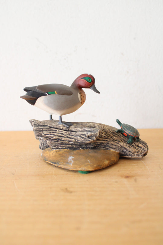Green Winged Teal Duck & Turtle On A Log Figurine