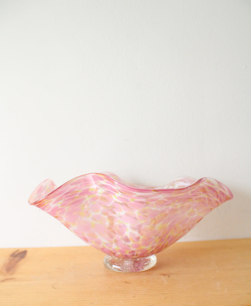 Pink Swirl Ruffled Edge Hand Blown Glass Pedestal Bowl