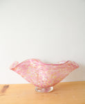 Pink Swirl Ruffled Edge Hand Blown Glass Pedestal Bowl