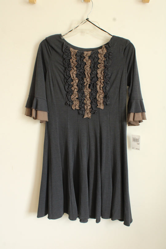 NEW Rabbit Rabbit Rabbit Gray and Tan Ruffle Dress | 10P