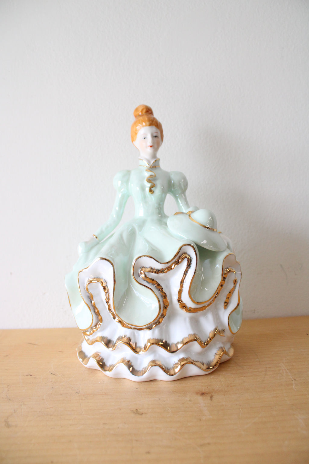 Vintage Southern Belle Mint Green Porcelain Figurine Music Box