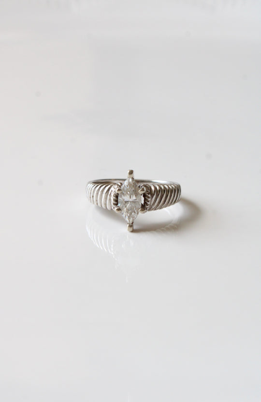 14K White Gold Marquise CZ Ribbed Ring | Size 9