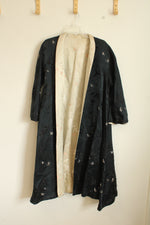 Reversible Black & Cream Long Silky Open Front Kimono Robe with 3/4 Flared Sleeves | OS