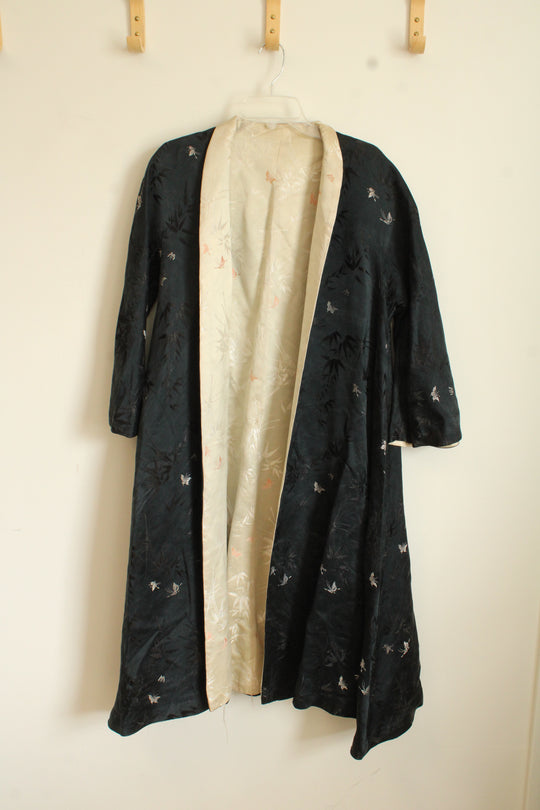 Reversible Black & Cream Long Silky Open Front Kimono Robe with 3/4 Flared Sleeves | OS