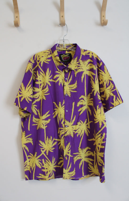 NEW Good Vibes Purple & Yellow Tropical Print Button Down Shirt | XL