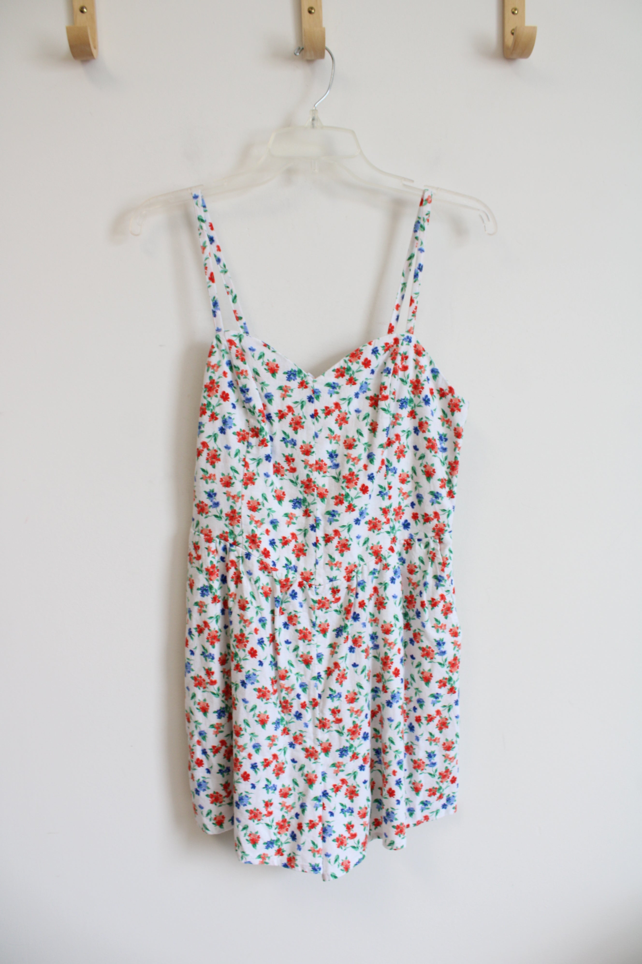 Old Navy Blue & Red Floral White Linen Blend Romper | S