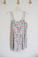 Old Navy Blue & Red Floral White Linen Blend Romper | S