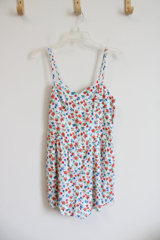 Old Navy Blue & Red Floral White Linen Blend Romper | S