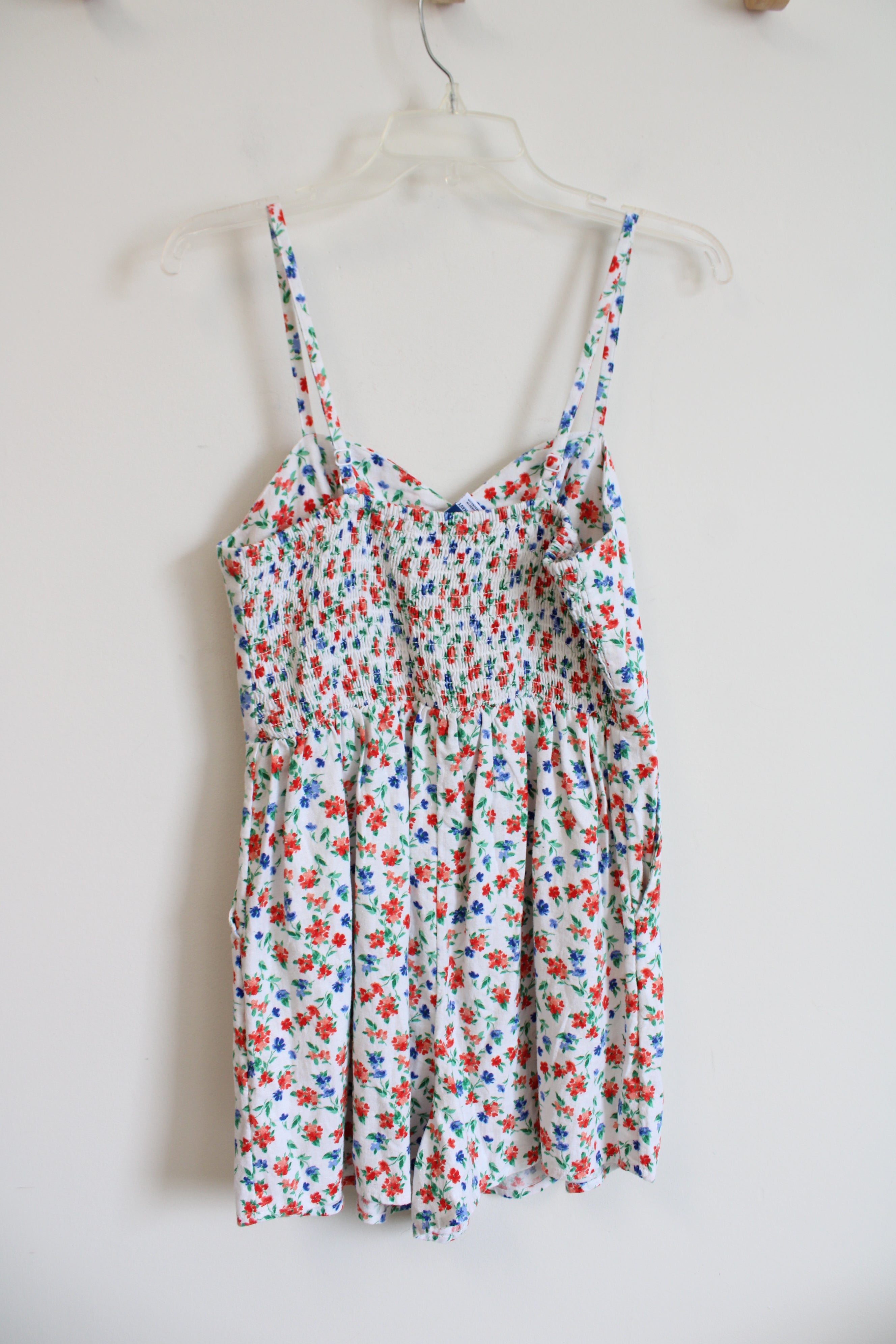 Old Navy Blue & Red Floral White Linen Blend Romper | S