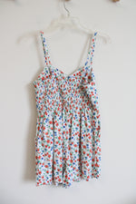 Old Navy Blue & Red Floral White Linen Blend Romper | S