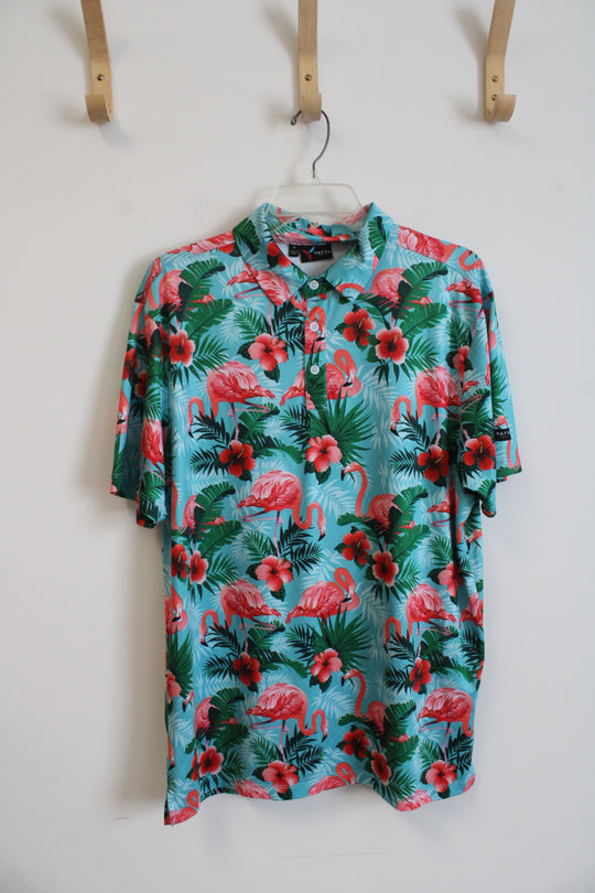 Yatta Golf Blue Flamingo Tropical Print Polo Shirt | M