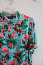Yatta Golf Blue Flamingo Tropical Print Polo Shirt | M