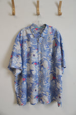 Tommy Bahama Blue Tan & White Tropical Print Button Down Shirt | 3XL
