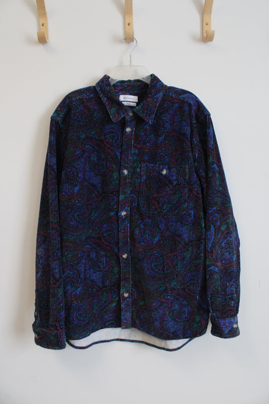 Urban Outfitters Blue Green & Pink Paisley Corduroy Button Down Shirt | L