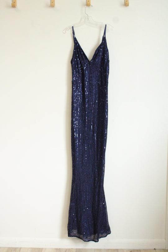 Blue Sequin Long Strapless Maxi Dress | S