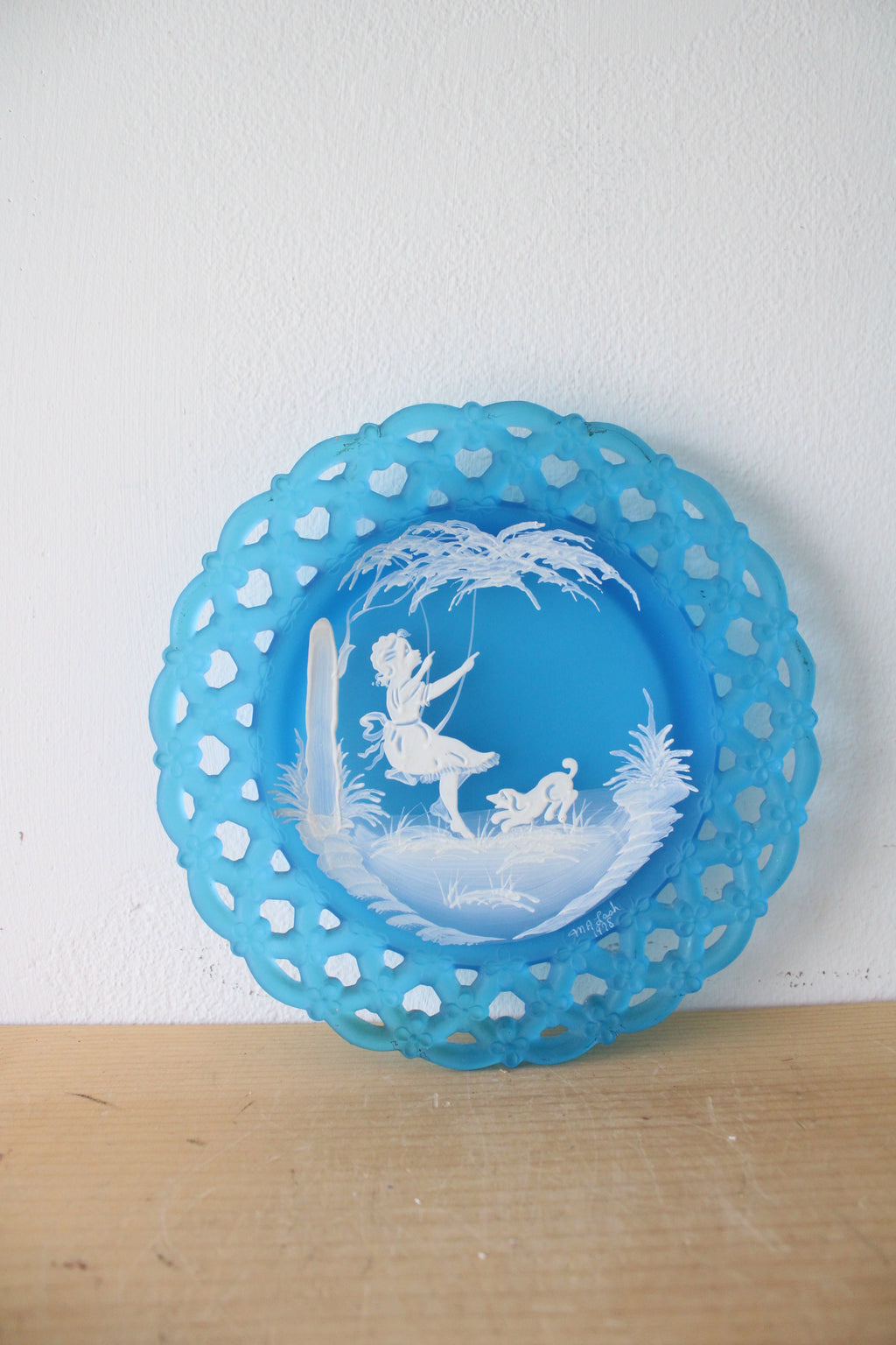 Vintage Westmoreland Ice Blue Girl Swinging Lattice Edge Decorative Plate