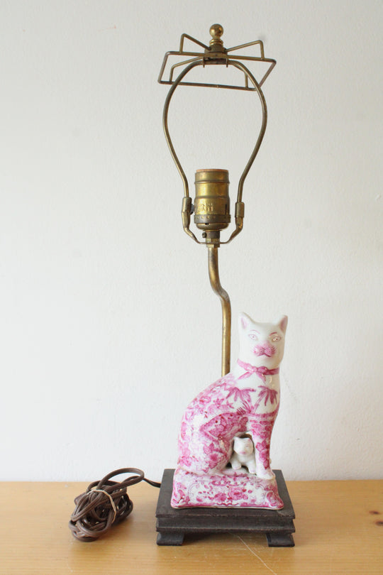 Porcelain Cat Pink & White Chinoiserie Vintage Lamp