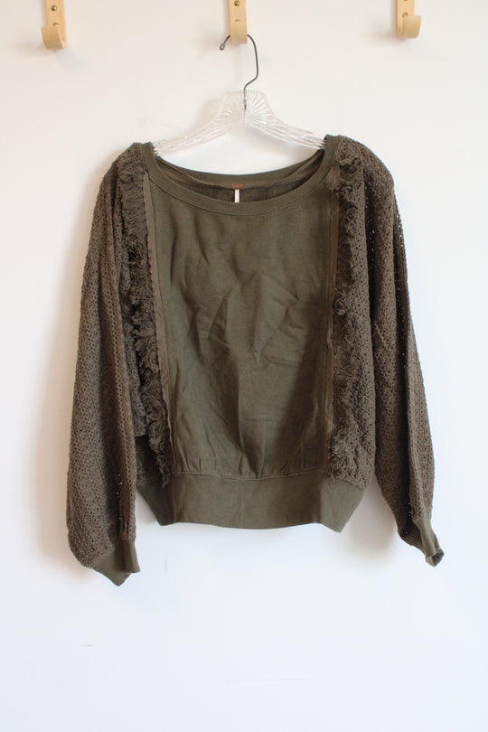 Free People Olive Green Fringe Sweatshirt | S