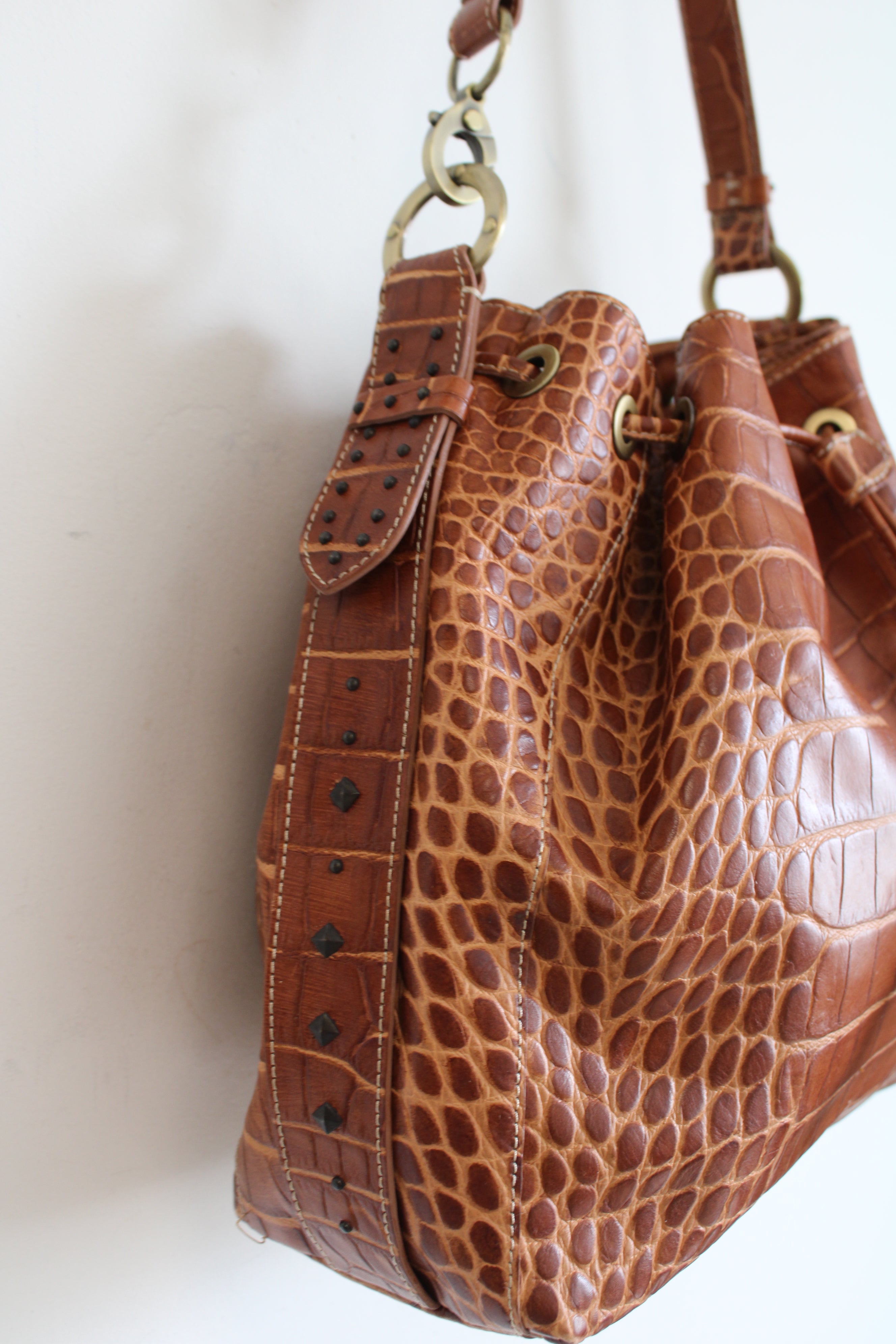 Donald J. Pliner Brown Faux Alligator Skin Leather Purse