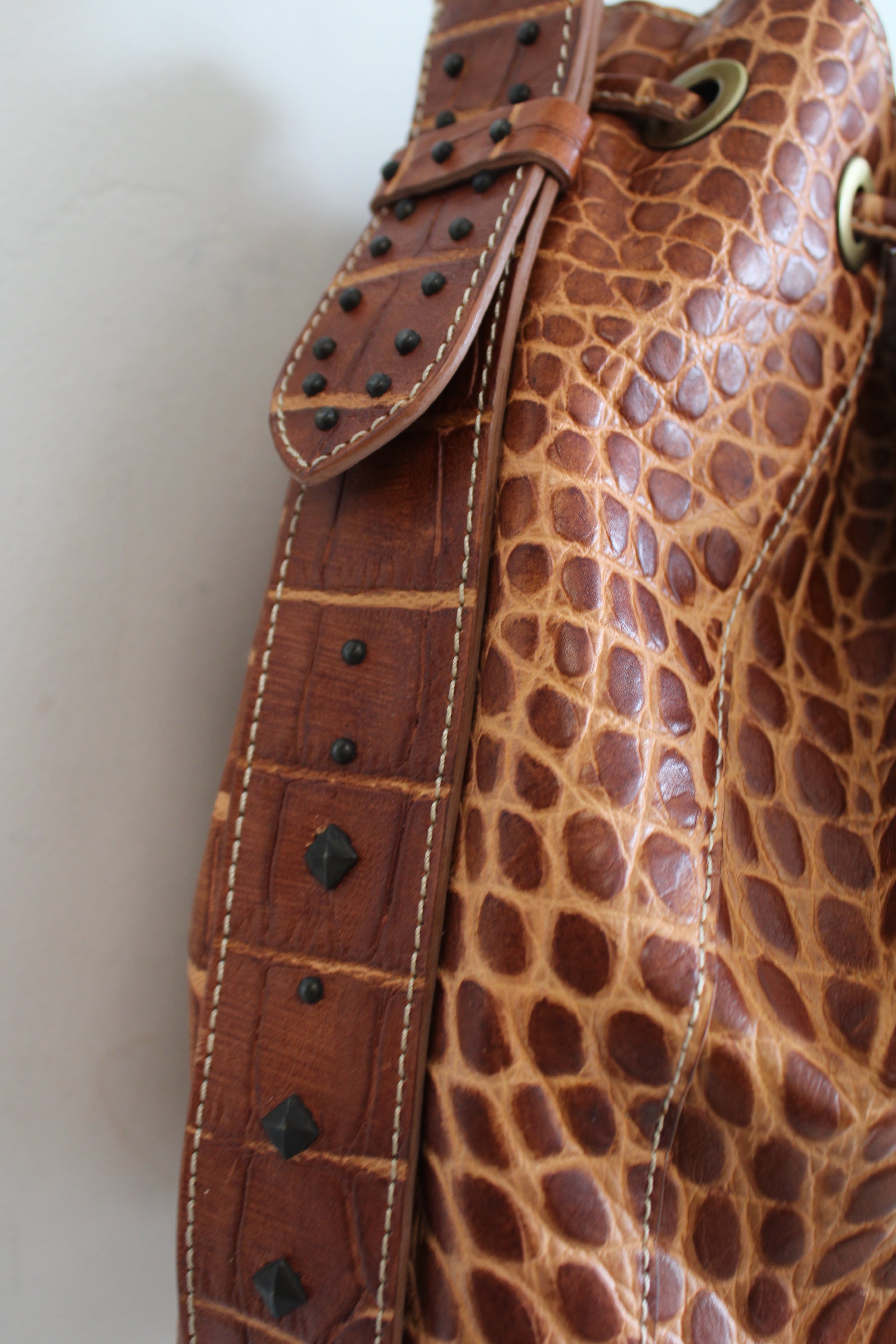 Donald J. Pliner Brown Faux Alligator Skin Leather Purse