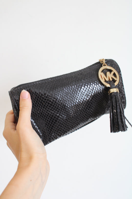Michael Kors Black Faux Snakeskin Cosmetic Bag