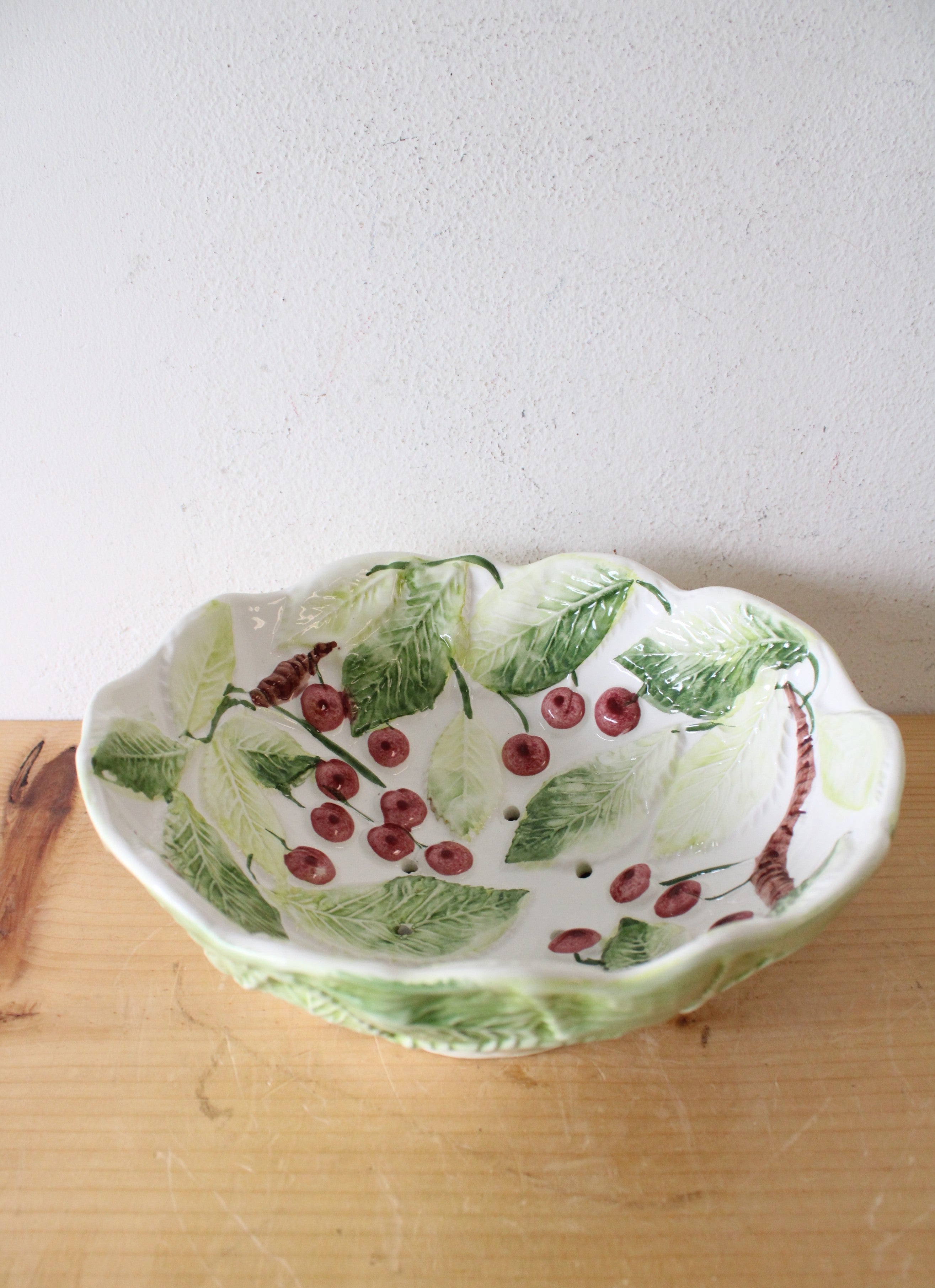 Vintage Cherry Leaves Strainer Ceramic Bowl