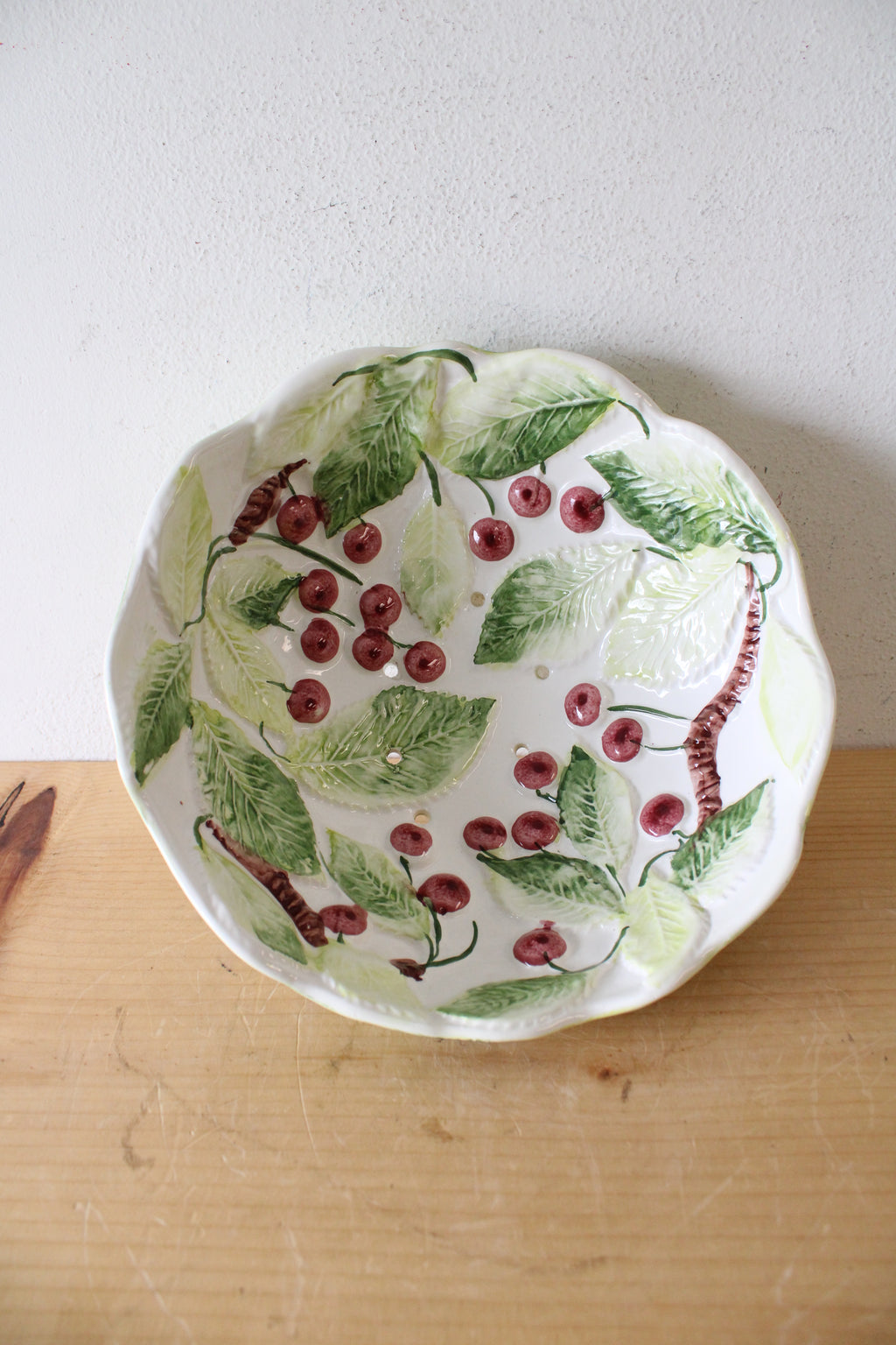 Vintage Cherry Leaves Strainer Ceramic Bowl